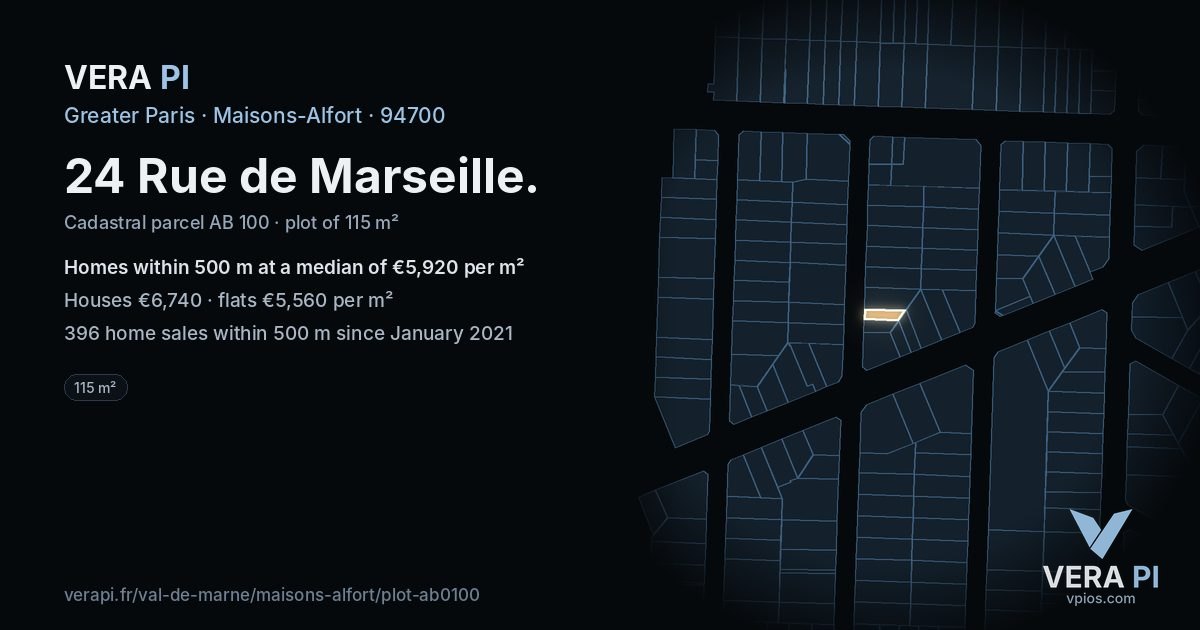 24 Rue de Marseille, Maisons-Alfort at night – the plot lit, the parcels around coloured by the prices near them