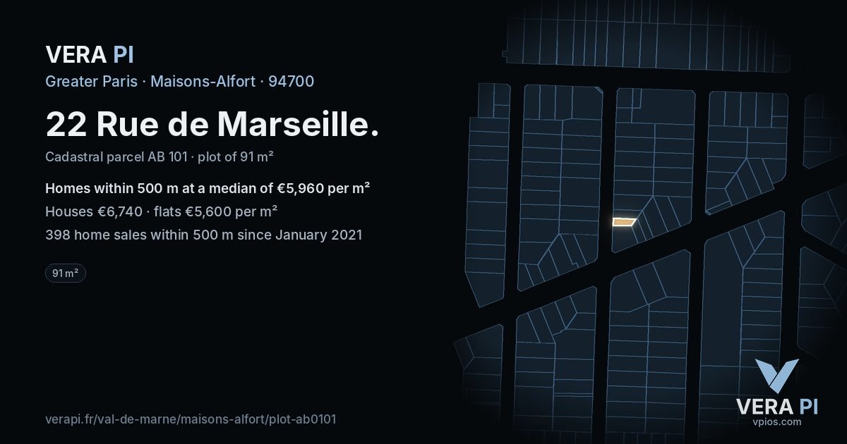 22 Rue de Marseille, Maisons-Alfort at night – the plot lit, the parcels around coloured by the prices near them