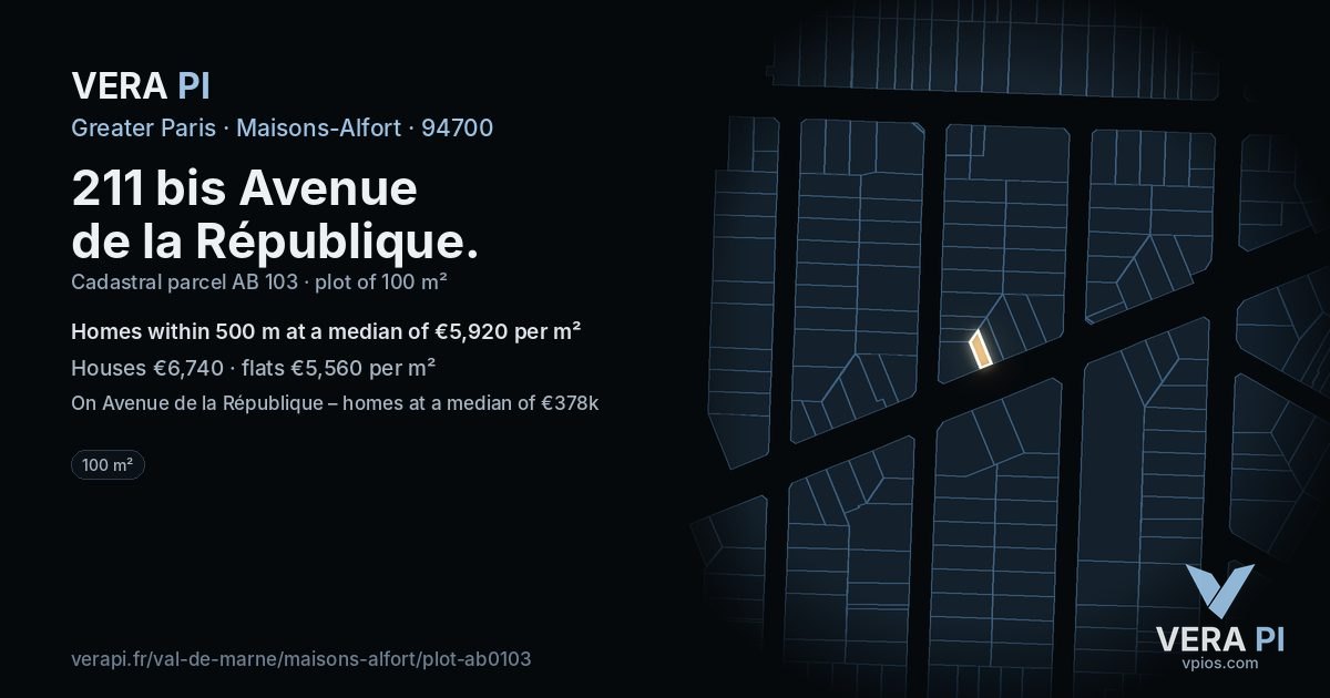 211 bis Avenue de la République, Maisons-Alfort at night – the plot lit, the parcels around coloured by the prices near them