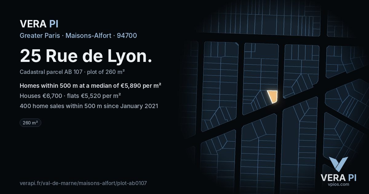 25 Rue de Lyon, Maisons-Alfort at night – the plot lit, the parcels around coloured by the prices near them