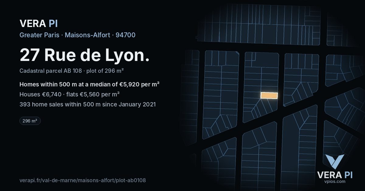 27 Rue de Lyon, Maisons-Alfort at night – the plot lit, the parcels around coloured by the prices near them