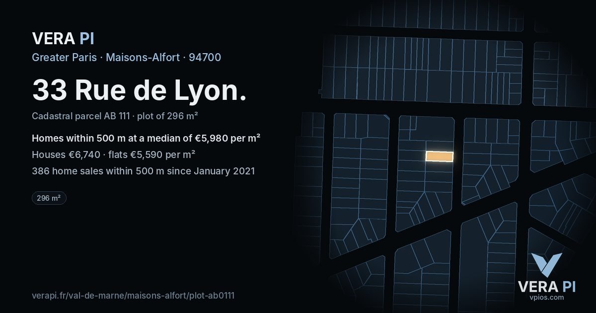 33 Rue de Lyon, Maisons-Alfort at night – the plot lit, the parcels around coloured by the prices near them