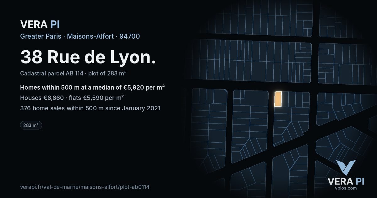 38 Rue de Lyon, Maisons-Alfort at night – the plot lit, the parcels around coloured by the prices near them