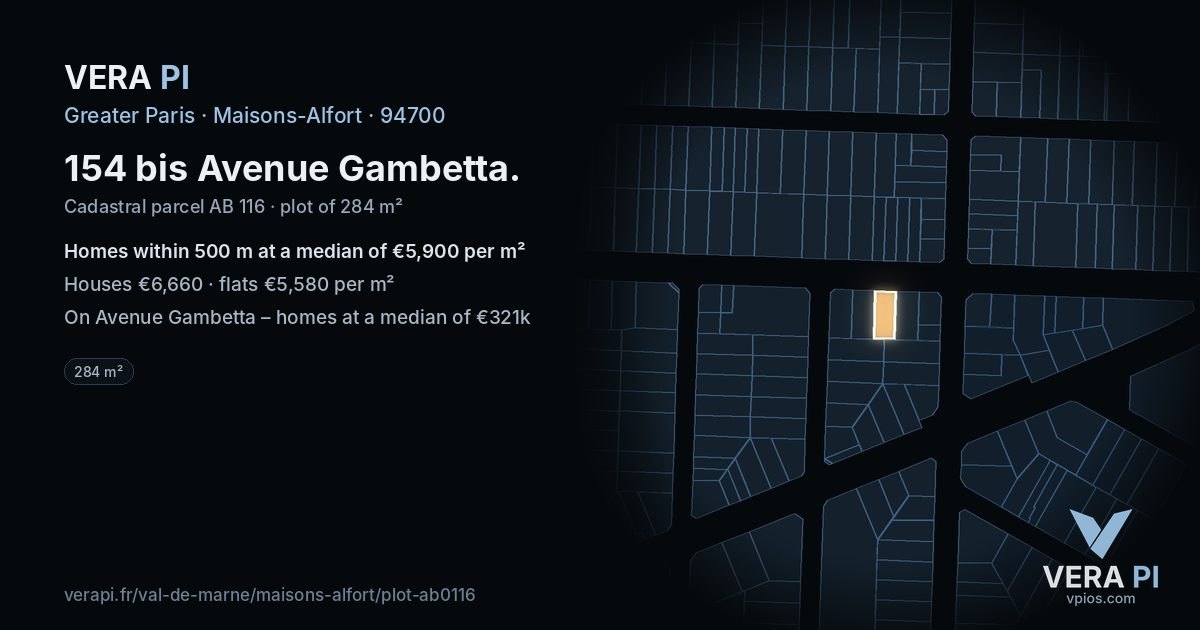 154 bis Avenue Gambetta, Maisons-Alfort at night – the plot lit, the parcels around coloured by the prices near them