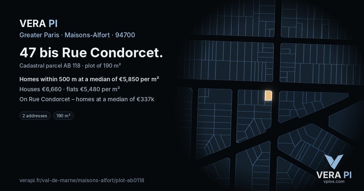 47 bis Rue Condorcet, Maisons-Alfort at night – the plot lit, the parcels around coloured by the prices near them