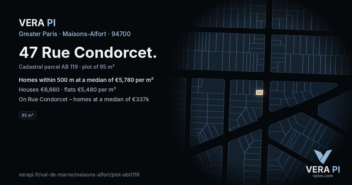 47 Rue Condorcet, Maisons-Alfort at night – the plot lit, the parcels around coloured by the prices near them