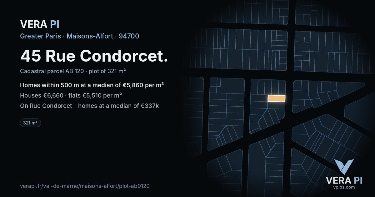 45 Rue Condorcet, Maisons-Alfort at night – the plot lit, the parcels around coloured by the prices near them