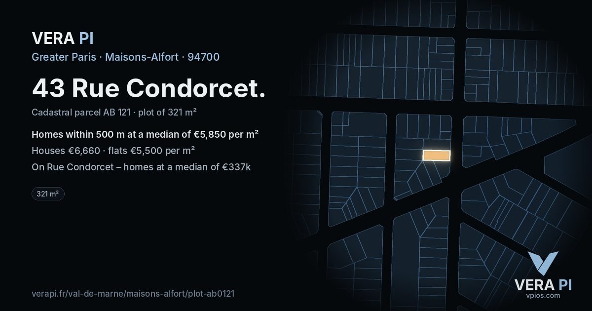 43 Rue Condorcet, Maisons-Alfort at night – the plot lit, the parcels around coloured by the prices near them
