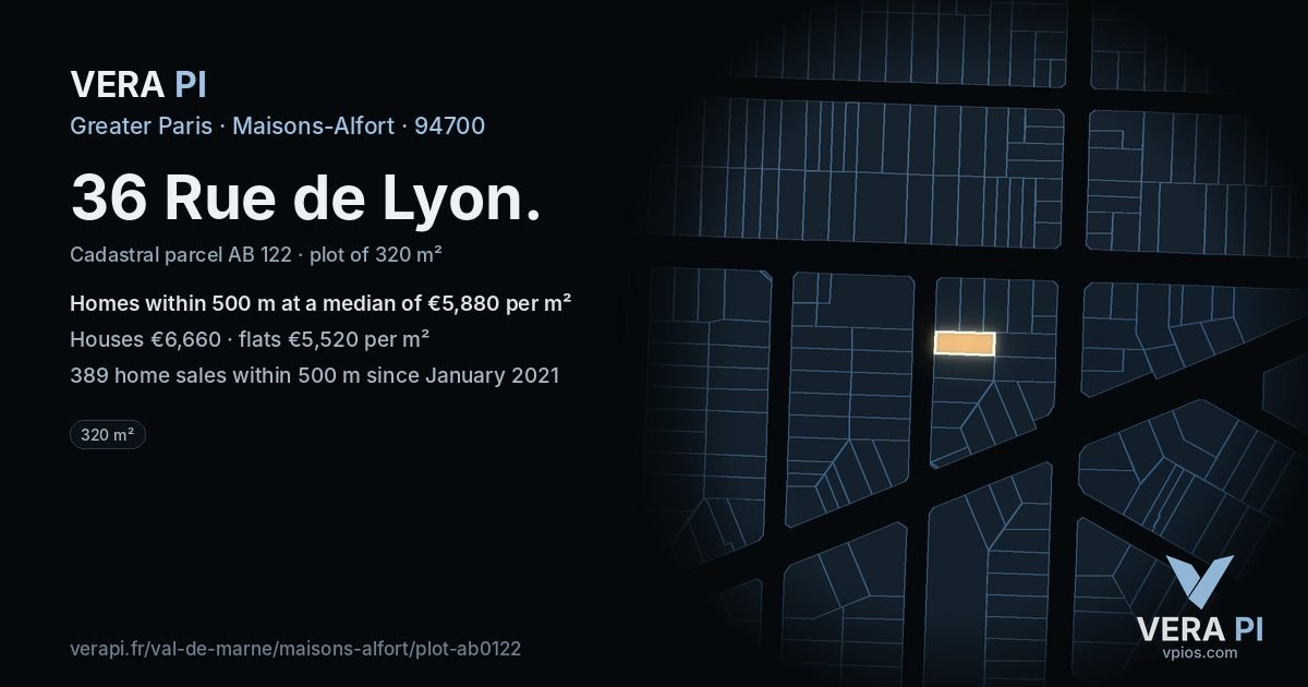 36 Rue de Lyon, Maisons-Alfort at night – the plot lit, the parcels around coloured by the prices near them