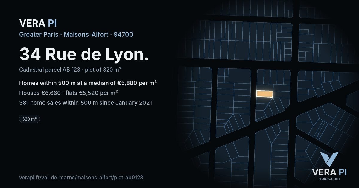 34 Rue de Lyon, Maisons-Alfort at night – the plot lit, the parcels around coloured by the prices near them