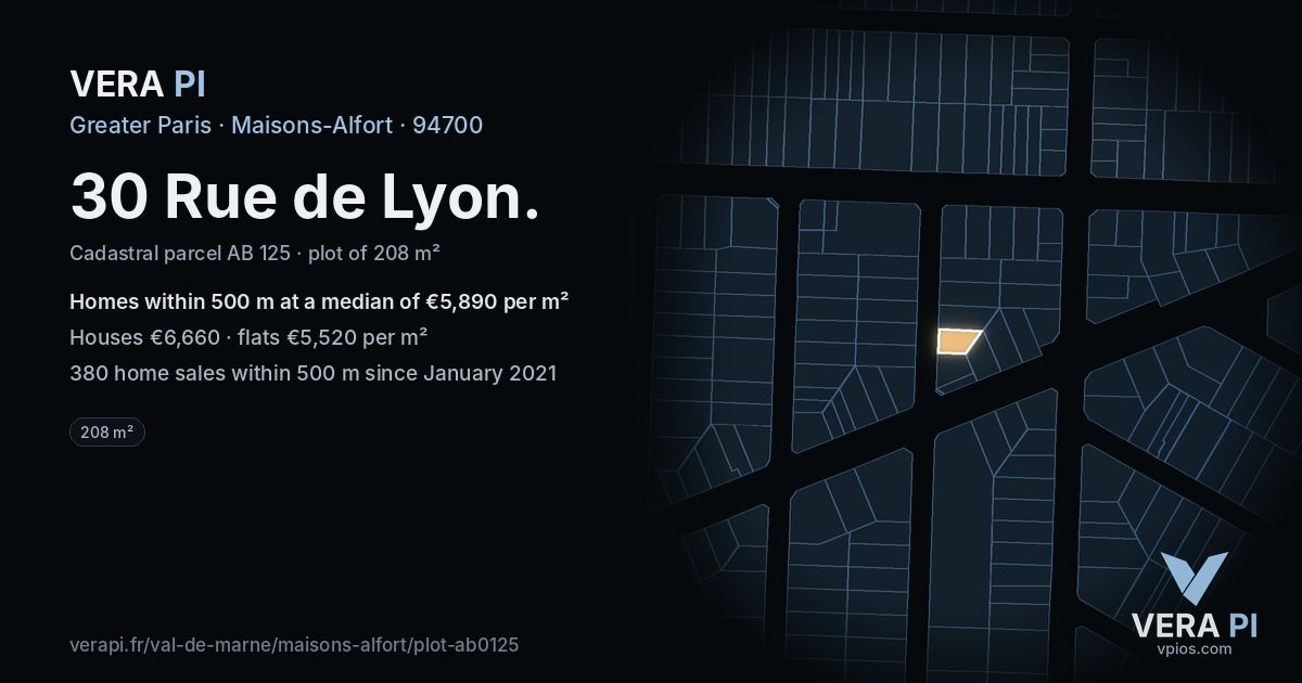 30 Rue de Lyon, Maisons-Alfort at night – the plot lit, the parcels around coloured by the prices near them