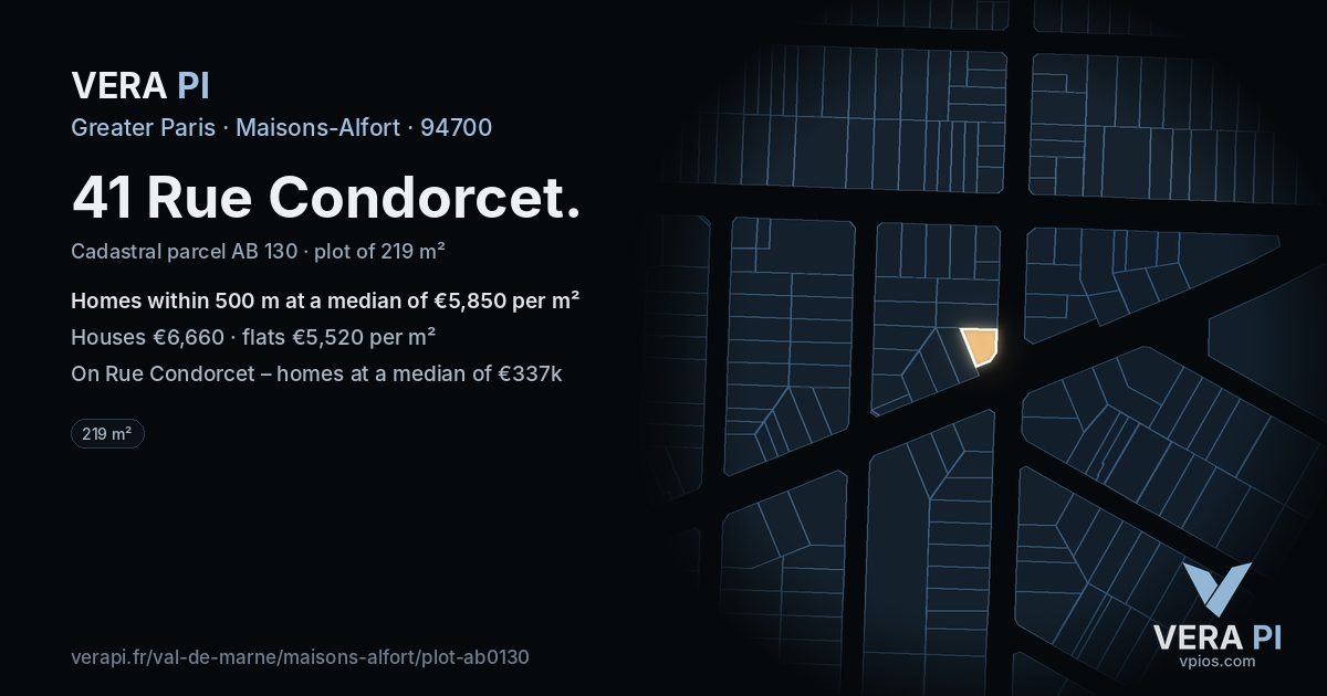 41 Rue Condorcet, Maisons-Alfort at night – the plot lit, the parcels around coloured by the prices near them