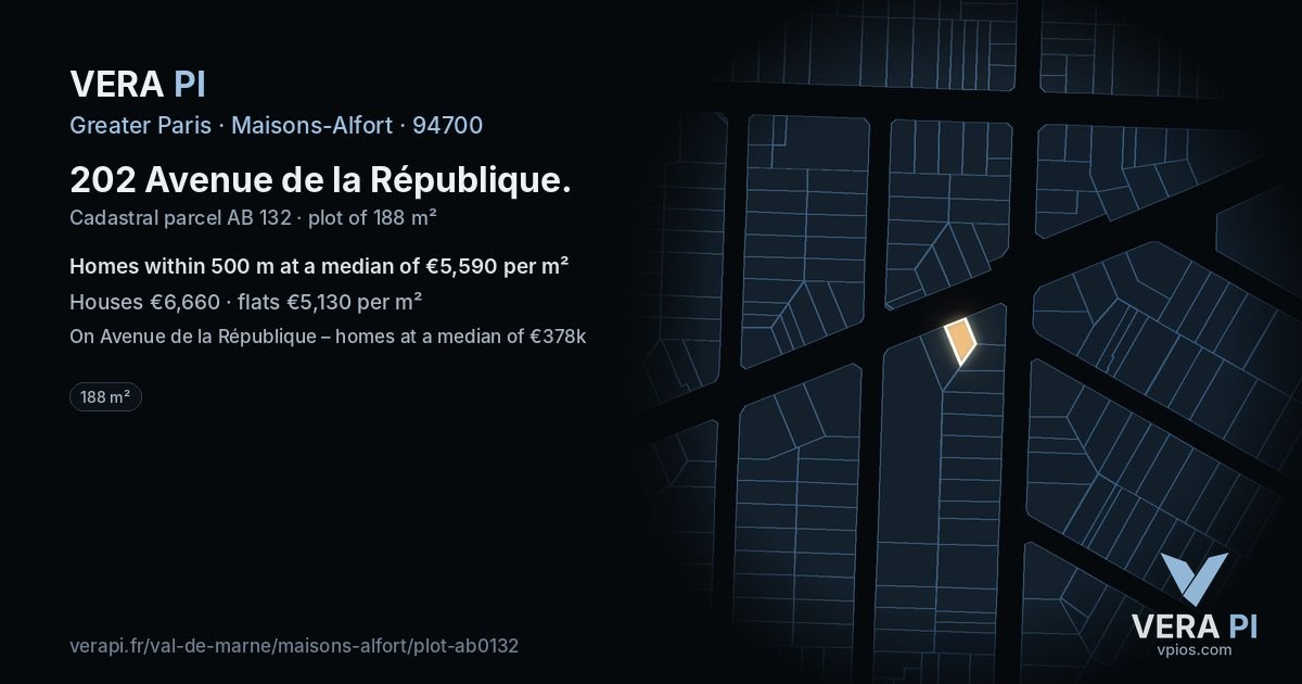 202 Avenue de la République, Maisons-Alfort at night – the plot lit, the parcels around coloured by the prices near them