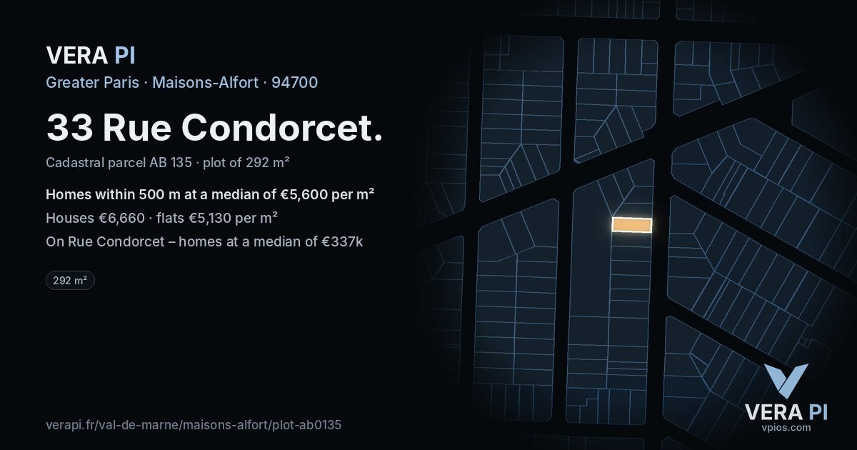 33 Rue Condorcet, Maisons-Alfort at night – the plot lit, the parcels around coloured by the prices near them