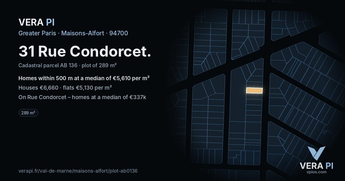 31 Rue Condorcet, Maisons-Alfort at night – the plot lit, the parcels around coloured by the prices near them