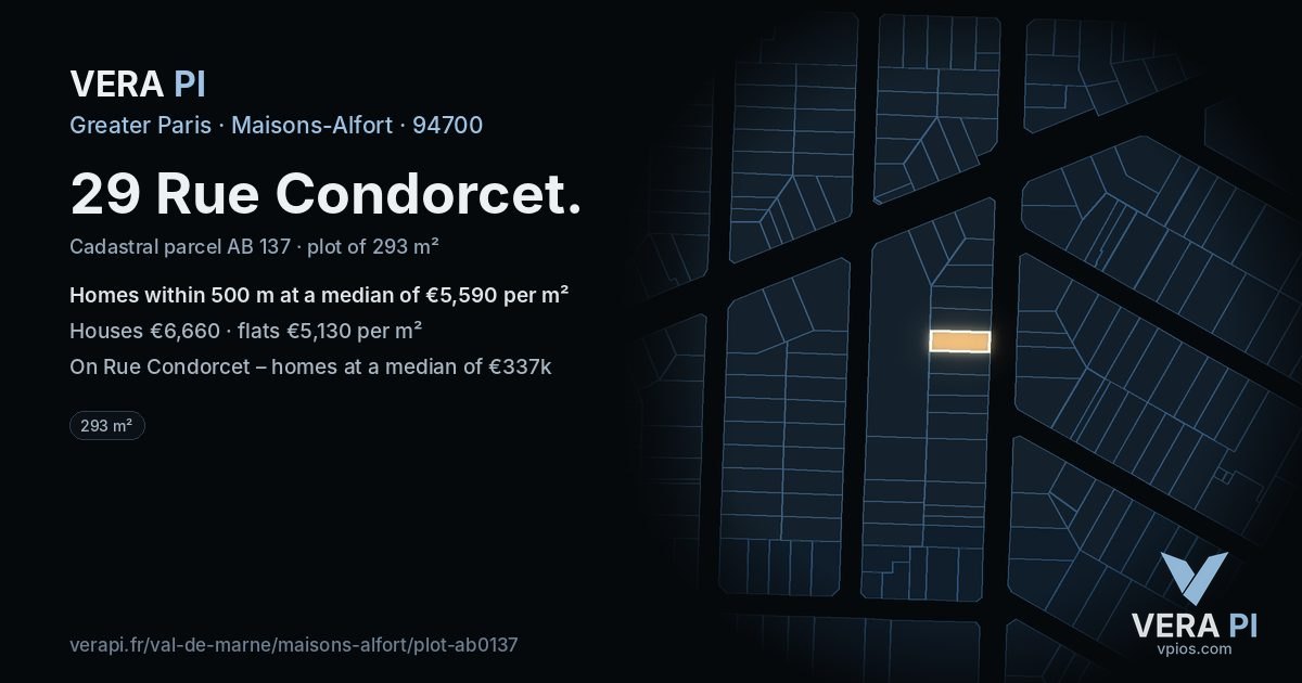 29 Rue Condorcet, Maisons-Alfort at night – the plot lit, the parcels around coloured by the prices near them