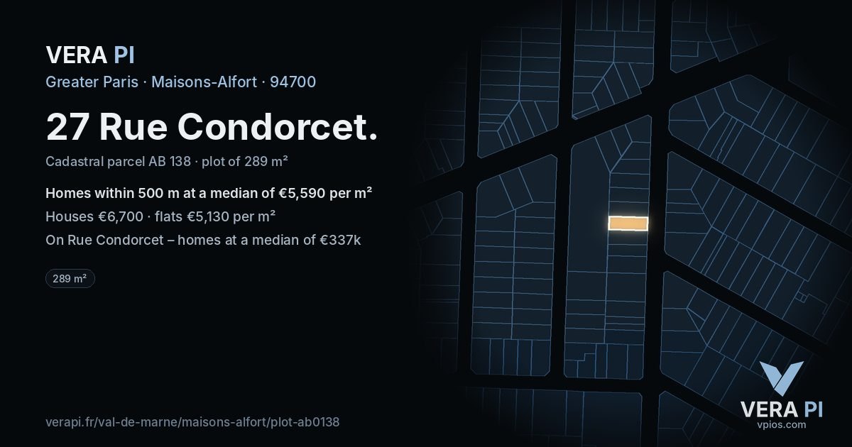 27 Rue Condorcet, Maisons-Alfort at night – the plot lit, the parcels around coloured by the prices near them