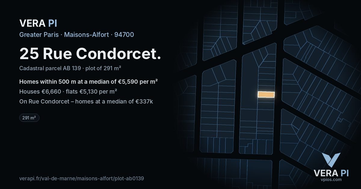 25 Rue Condorcet, Maisons-Alfort at night – the plot lit, the parcels around coloured by the prices near them