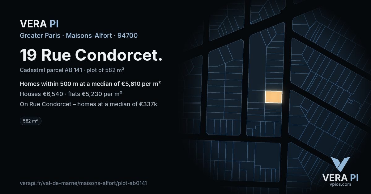 19 Rue Condorcet, Maisons-Alfort at night – the plot lit, the parcels around coloured by the prices near them