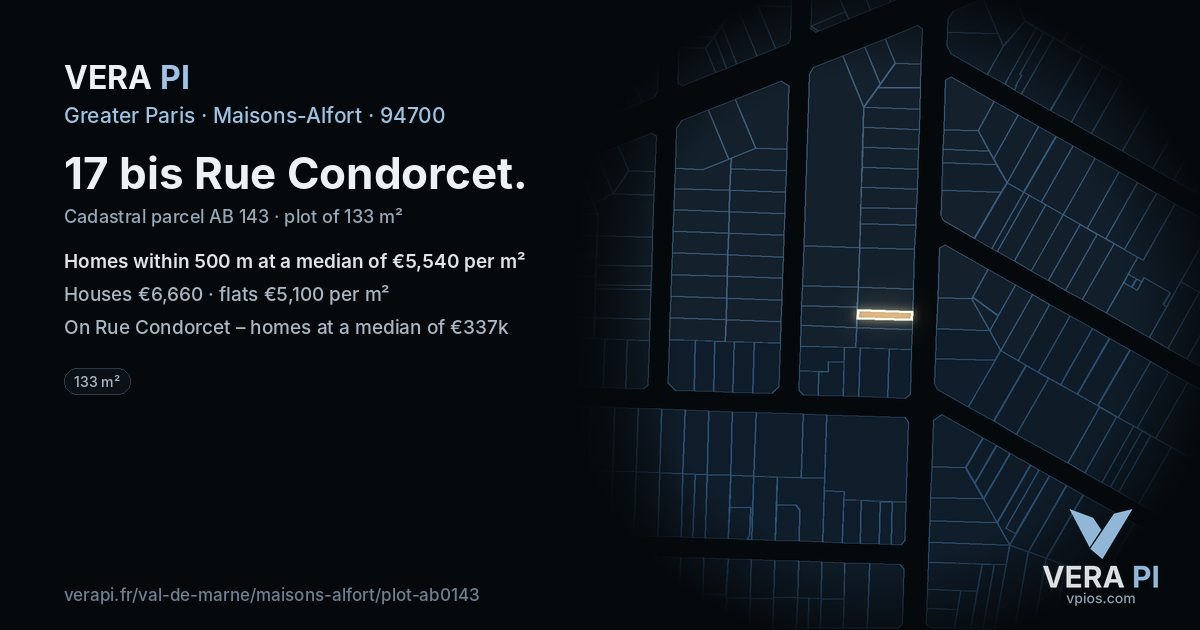 17 bis Rue Condorcet, Maisons-Alfort at night – the plot lit, the parcels around coloured by the prices near them