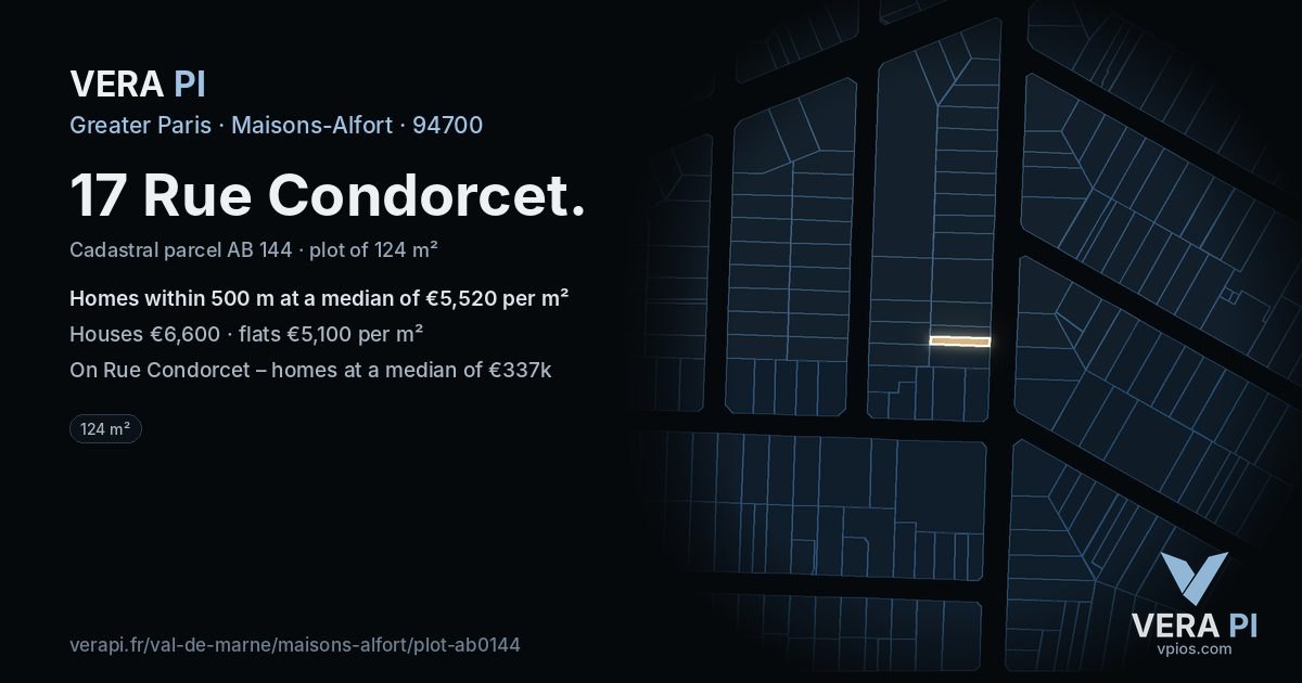 17 Rue Condorcet, Maisons-Alfort at night – the plot lit, the parcels around coloured by the prices near them