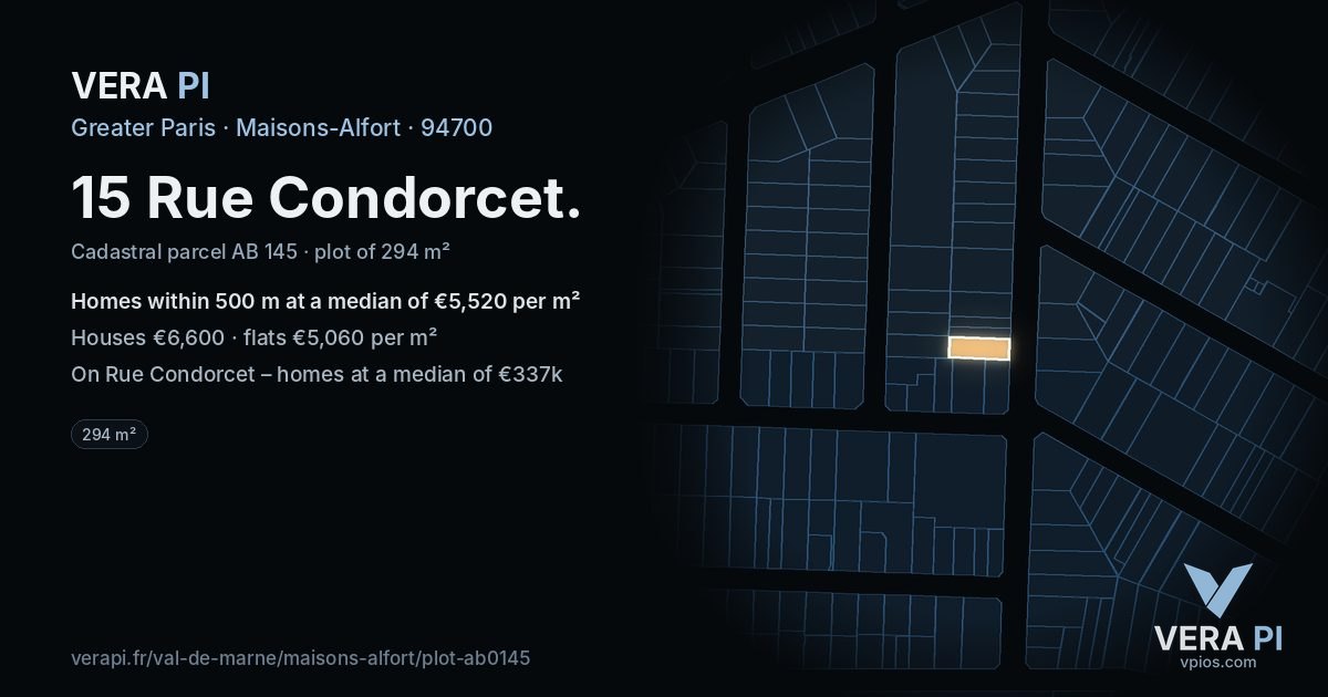 15 Rue Condorcet, Maisons-Alfort at night – the plot lit, the parcels around coloured by the prices near them