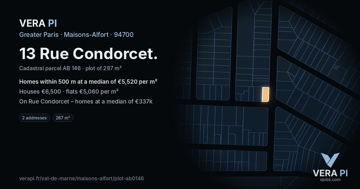 13 Rue Condorcet, Maisons-Alfort at night – the plot lit, the parcels around coloured by the prices near them