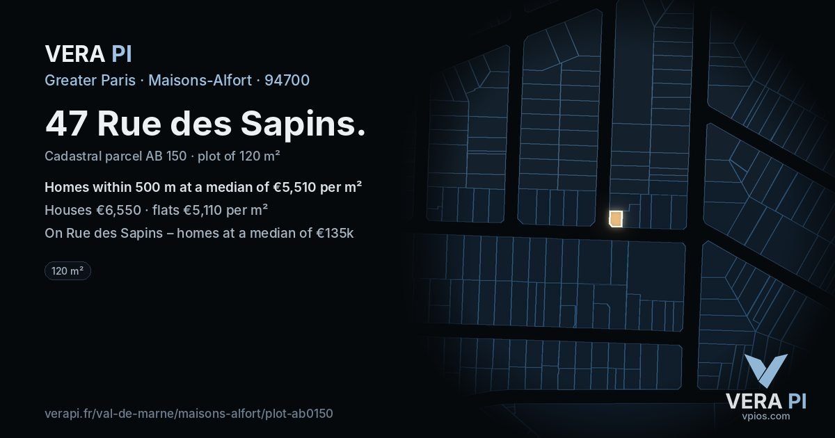 47 Rue des Sapins, Maisons-Alfort at night – the plot lit, the parcels around coloured by the prices near them