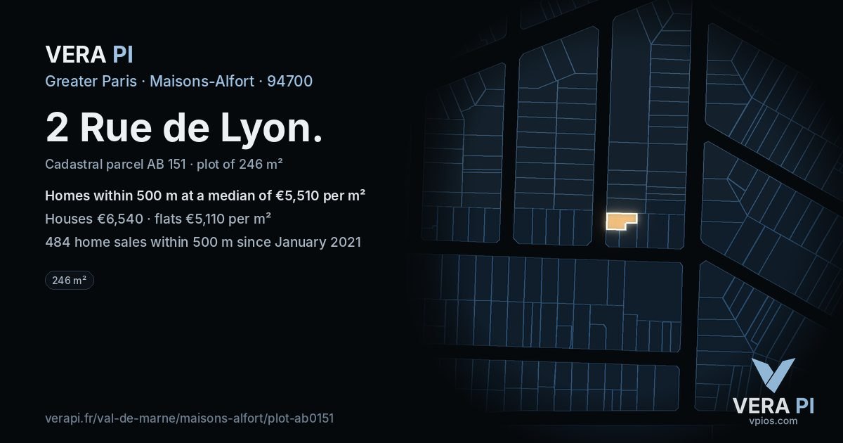2 Rue de Lyon, Maisons-Alfort at night – the plot lit, the parcels around coloured by the prices near them