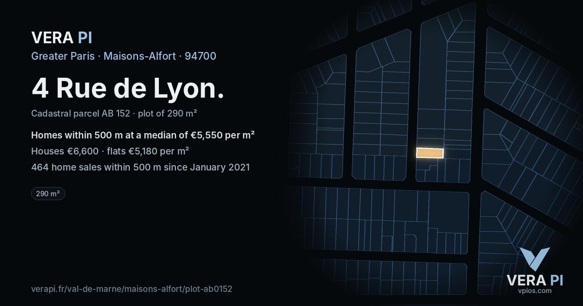 4 Rue de Lyon, Maisons-Alfort at night – the plot lit, the parcels around coloured by the prices near them