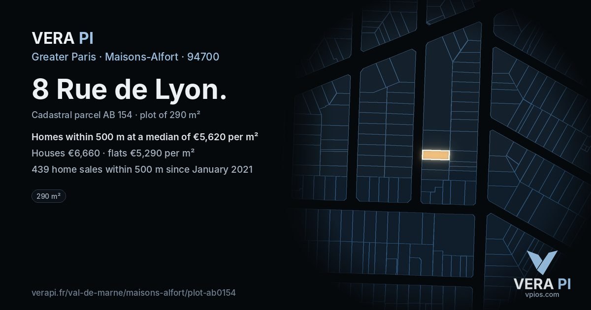 8 Rue de Lyon, Maisons-Alfort at night – the plot lit, the parcels around coloured by the prices near them