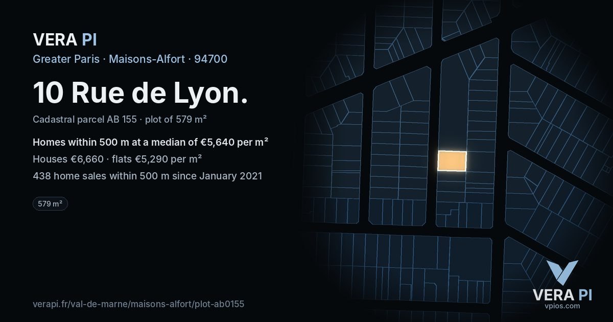 10 Rue de Lyon, Maisons-Alfort at night – the plot lit, the parcels around coloured by the prices near them