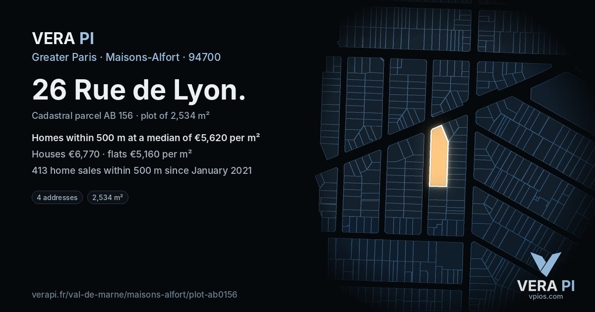 26 Rue de Lyon, Maisons-Alfort at night – the plot lit, the parcels around coloured by the prices near them