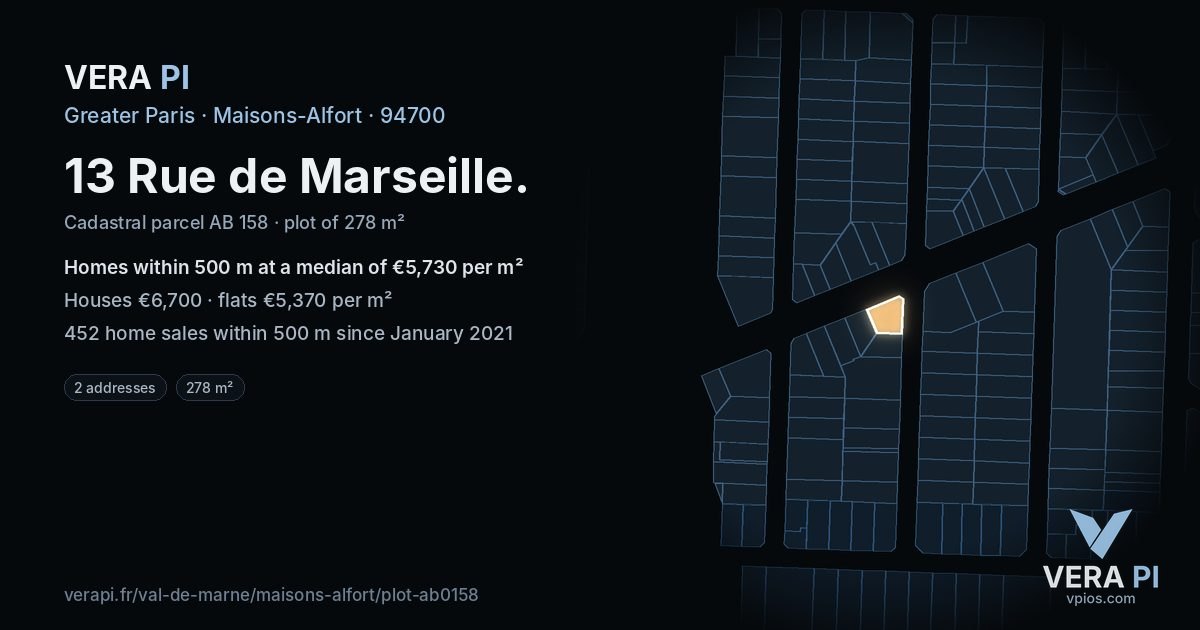13 Rue de Marseille, Maisons-Alfort at night – the plot lit, the parcels around coloured by the prices near them