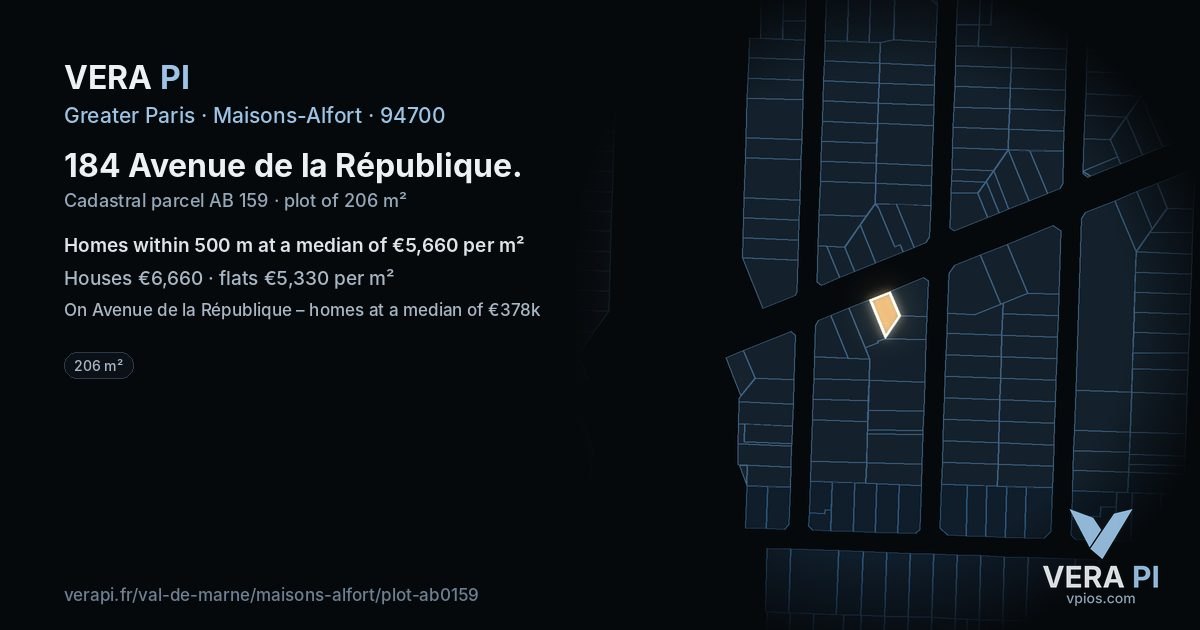 184 Avenue de la République, Maisons-Alfort at night – the plot lit, the parcels around coloured by the prices near them