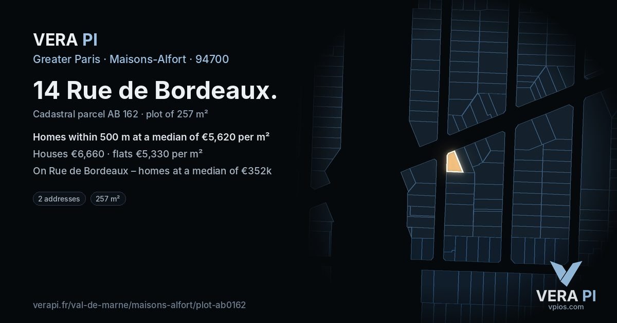 14 Rue de Bordeaux, Maisons-Alfort at night – the plot lit, the parcels around coloured by the prices near them