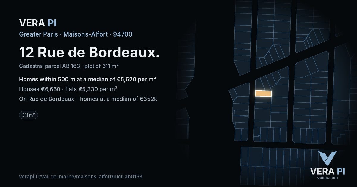 12 Rue de Bordeaux, Maisons-Alfort at night – the plot lit, the parcels around coloured by the prices near them