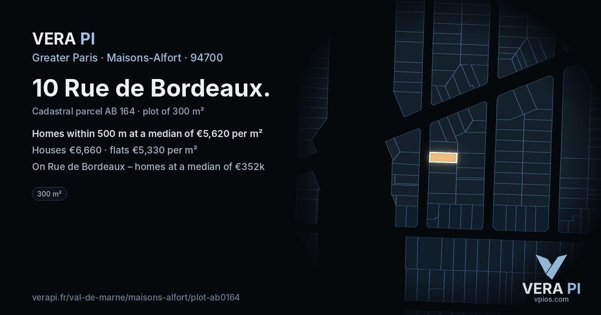10 Rue de Bordeaux, Maisons-Alfort at night – the plot lit, the parcels around coloured by the prices near them