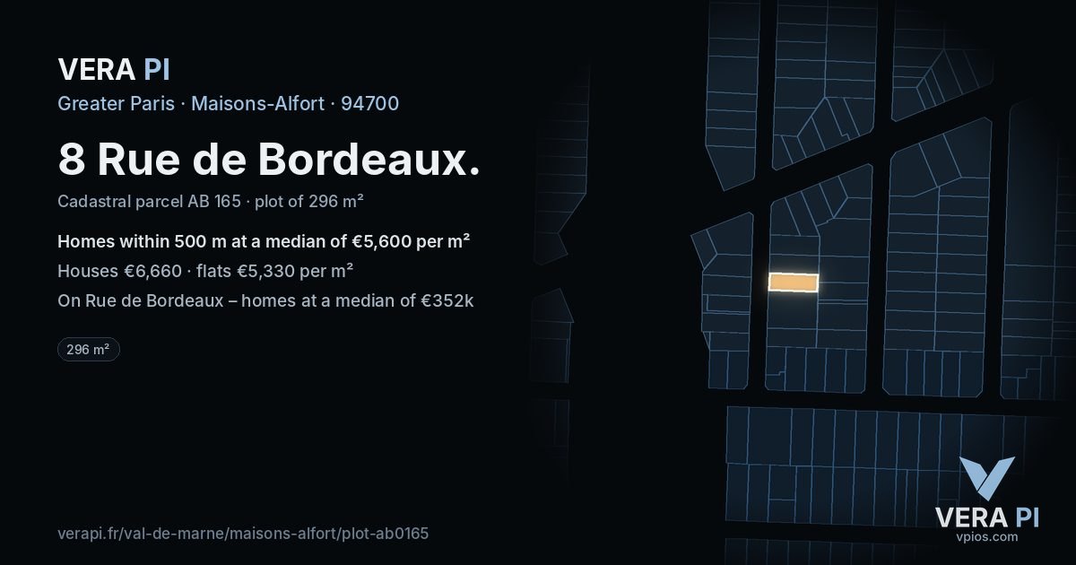 8 Rue de Bordeaux, Maisons-Alfort at night – the plot lit, the parcels around coloured by the prices near them