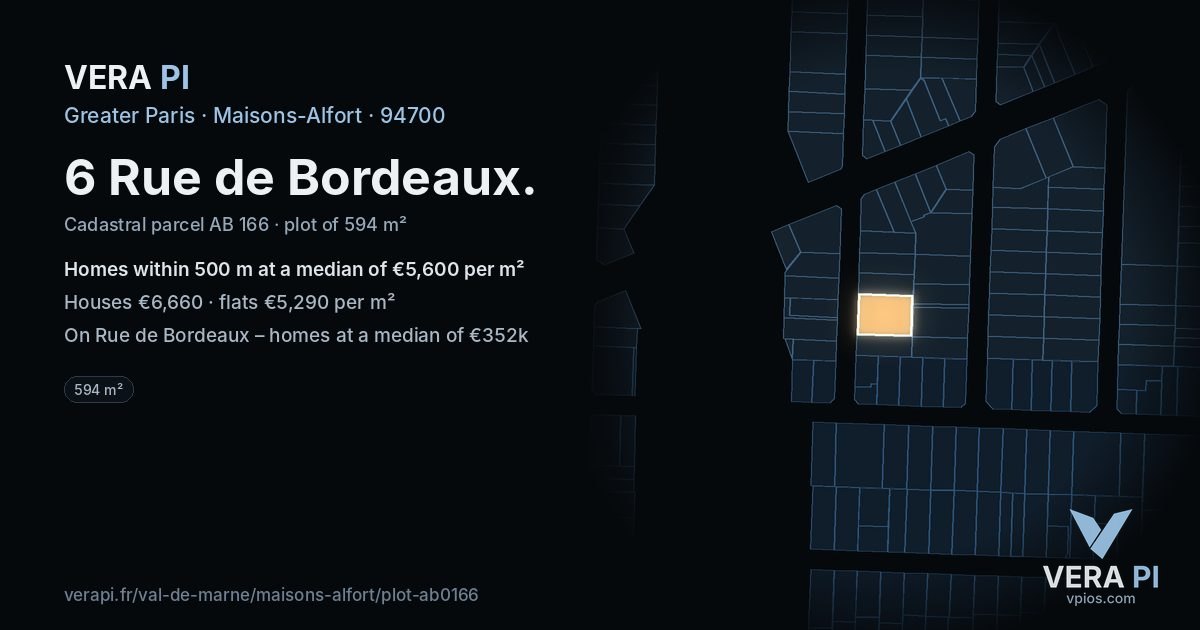 6 Rue de Bordeaux, Maisons-Alfort at night – the plot lit, the parcels around coloured by the prices near them