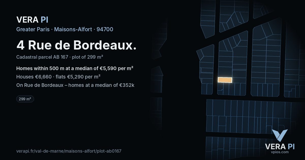 4 Rue de Bordeaux, Maisons-Alfort at night – the plot lit, the parcels around coloured by the prices near them