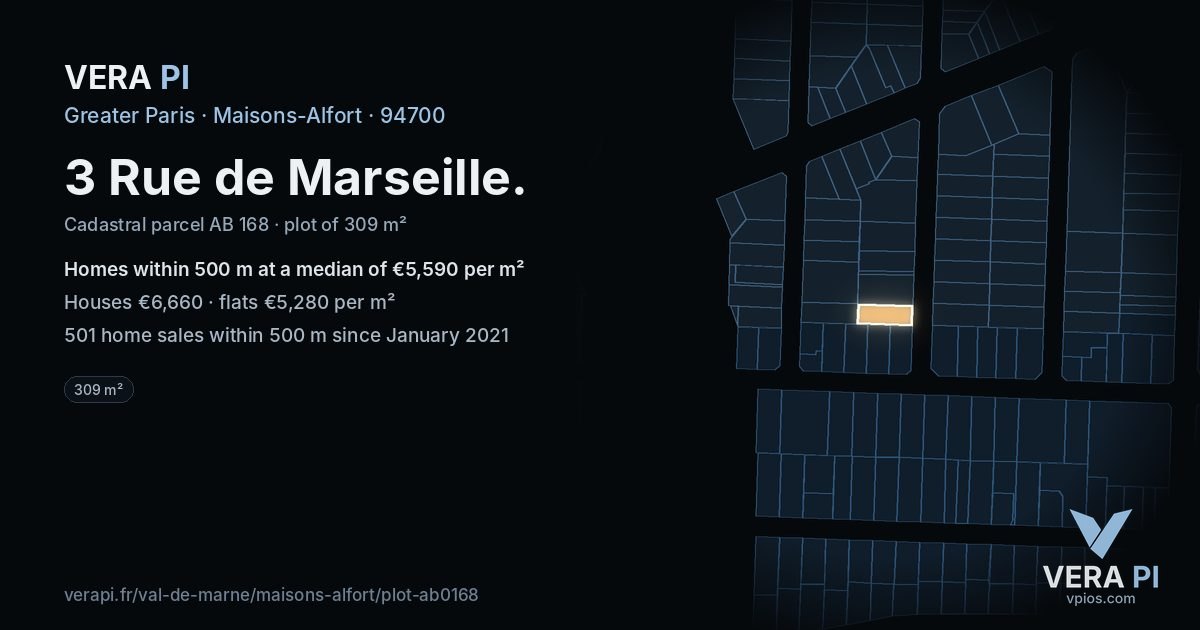 3 Rue de Marseille, Maisons-Alfort at night – the plot lit, the parcels around coloured by the prices near them