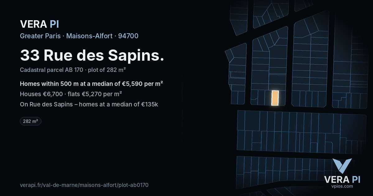 33 Rue des Sapins, Maisons-Alfort at night – the plot lit, the parcels around coloured by the prices near them