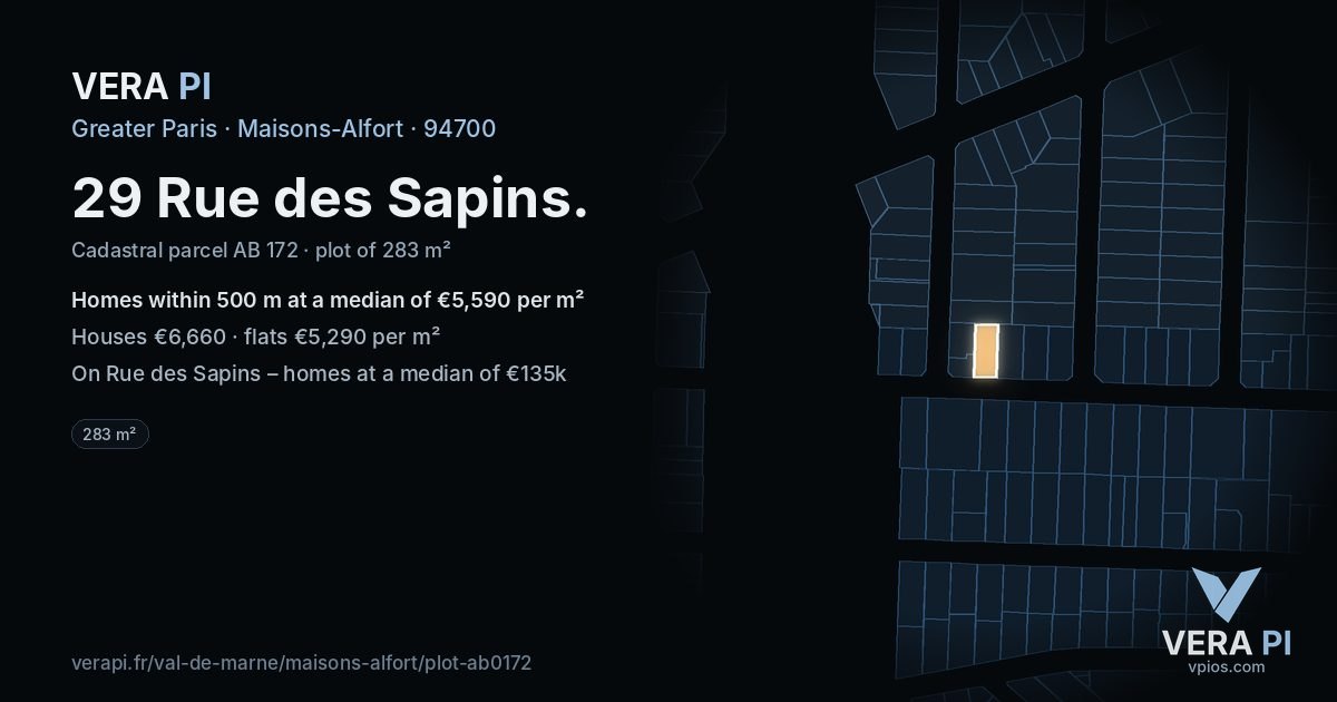 29 Rue des Sapins, Maisons-Alfort at night – the plot lit, the parcels around coloured by the prices near them