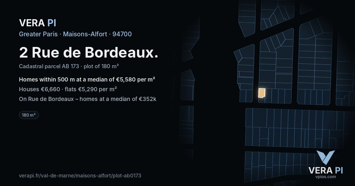 2 Rue de Bordeaux, Maisons-Alfort at night – the plot lit, the parcels around coloured by the prices near them