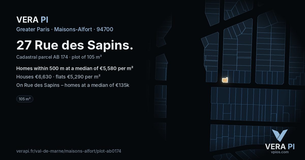27 Rue des Sapins, Maisons-Alfort at night – the plot lit, the parcels around coloured by the prices near them