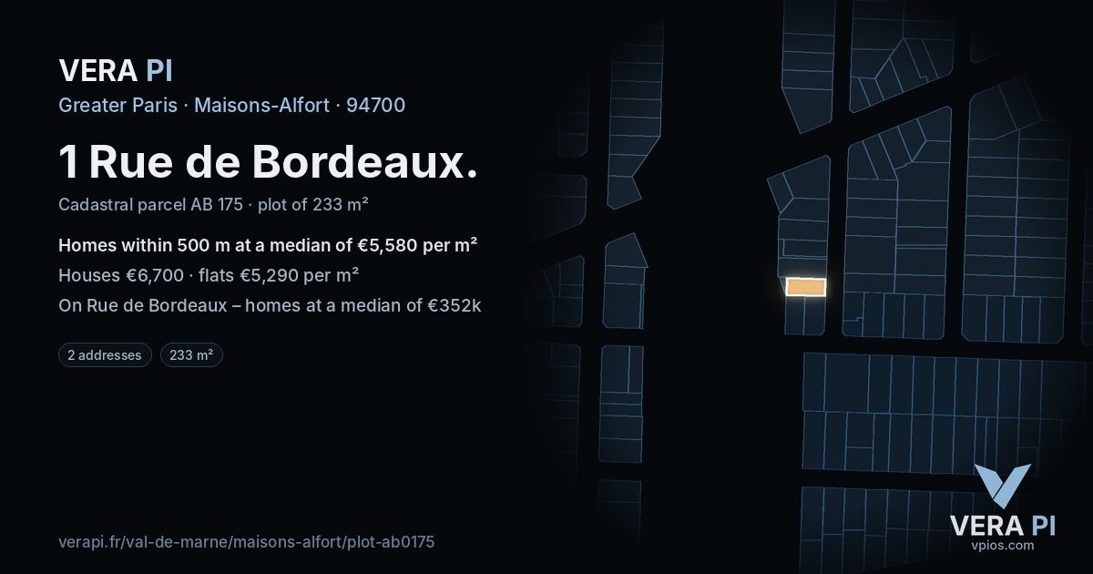 1 Rue de Bordeaux, Maisons-Alfort at night – the plot lit, the parcels around coloured by the prices near them