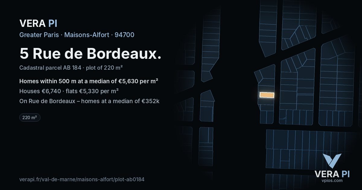 5 Rue de Bordeaux, Maisons-Alfort at night – the plot lit, the parcels around coloured by the prices near them