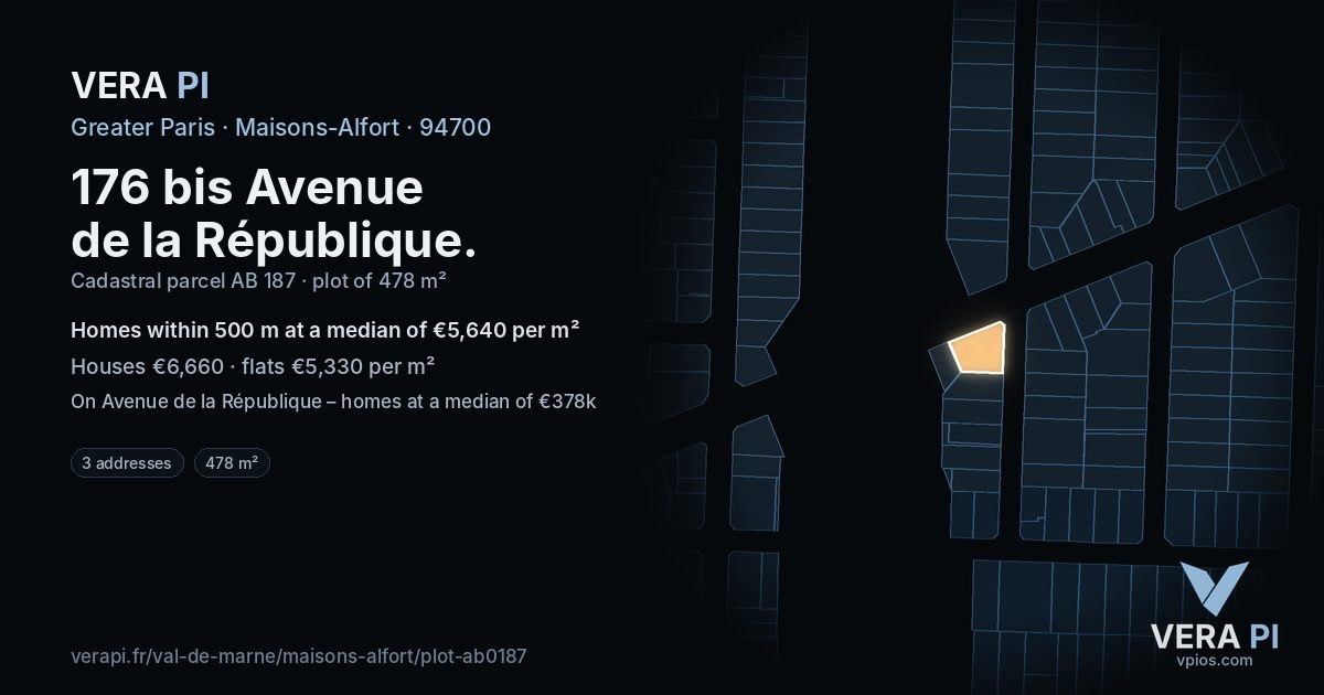 176 bis Avenue de la République, Maisons-Alfort at night – the plot lit, the parcels around coloured by the prices near them