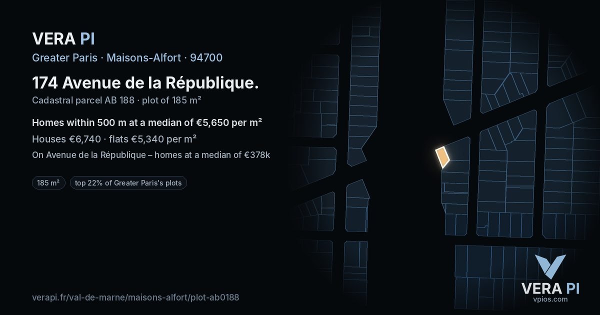 174 Avenue de la République, Maisons-Alfort at night – the plot lit, the parcels around coloured by the prices near them